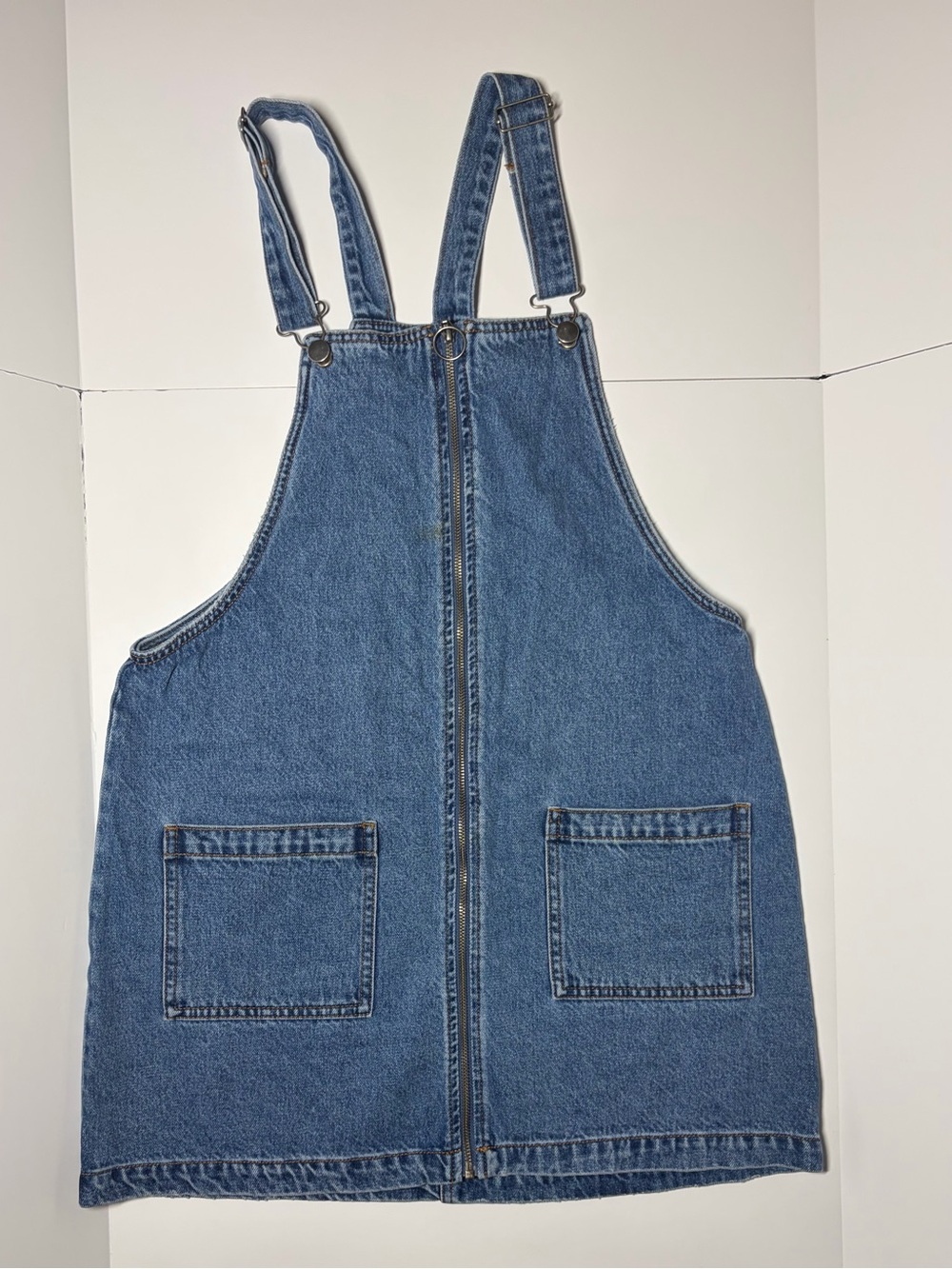 Women’s Blue Denim Zip-front mini skirt overalls with pockets - Size Medium